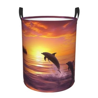 Imagem de Cesto de lavanderia Sunset Dolphins, dobrável, impermeável, cesto de armazenamento de roupas com alças, pano Oxford, organizador de brinquedos, cesta para banheiro, lavanderia, quarto, médio