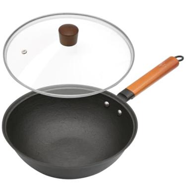 Imagem de Frigideira Wok híbrida antiaderente, frigideira profunda pré-temperada de 25 cm com tampa de vidro, wok de ferro fundido chinês tradicional, panela sem revestimento para indução, elétrica, gás, fogões