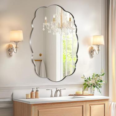 Imagem de ANDY STAR Espelho de banheiro de níquel escovado, espelho de parede assimétrico prateado de 61 x 81 cm, espelho oval para banheiro, espelho de parede irregular exclusivo com design curvo sofisticado