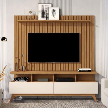 Imagem de Rack com Painel para Tv 60 Polegadas Pés em Madeira Maciça Ripado Real Vivare Wood 1.6 Off White / Marrom