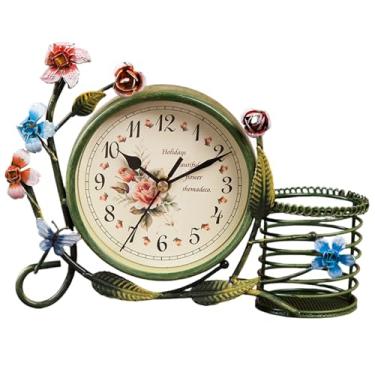 Imagem de Relógio de mesa, relógio vintage de metal silencioso com flor e garrafa, decorativo para quarto, sala de estar, escritório, dormitório, relógios