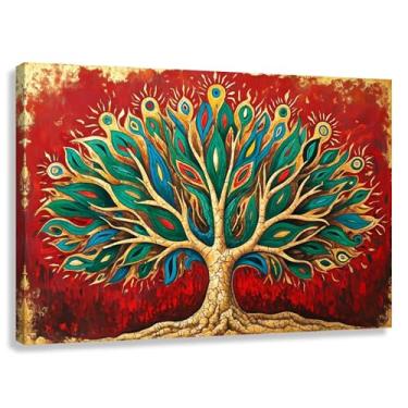 Imagem de Árvore da Vida Arte de Parede Impressão em Tela Decoração Abraço da Vida Pintura Espiritual Vermelho Verde 45x30cmx1