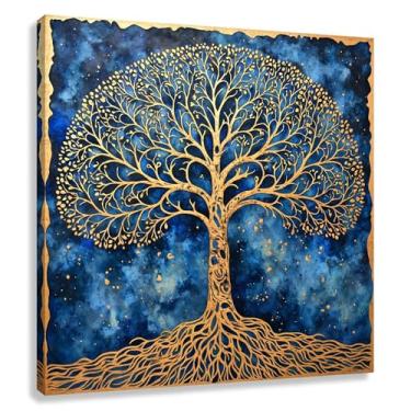 Imagem de Árvore da Vida Arte de Parede Vida Dourada Impressão em Tela Decoração Fotos para Sala de Estar Quarto Pintura Azul Dourada 30x30cmx1