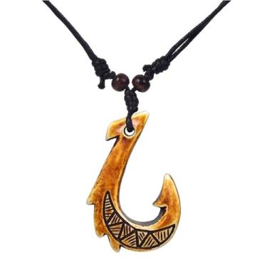 Imagem de coadipress Colar havaiano com pingente de anzol, vintage, Maui, praia, sofrimento, tribal, cordão de cânhamo, ajustável, corrente de proteção, amuleto, tartaruga, tubarão, colares para homens e