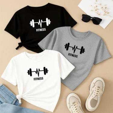 Imagem de Kit com 3 Camisetas De Algodão Estampa Barra Fitness Musculação Treino