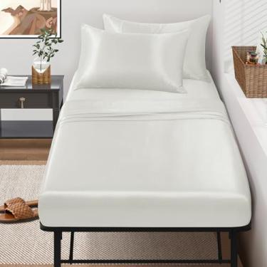 Imagem de SiinvdaBZX Jogo de cama de berço de 4 peças 78,7 cm x 190,5 cm, tamanho de berço de cetim branco marfim macio e sedoso para cama de solteiro estreito/beliche de acampamento/camas de hóspedes/berços