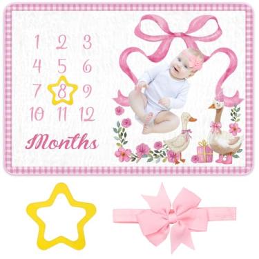 Imagem de Tegeme Conjunto de 3 cobertores mensais para bebês com moldura de feltro de estrela e faixa de cabeça com laço para recém-nascidos de 1 a 12 meses, adereços de fotografia neutra para recém-nascido