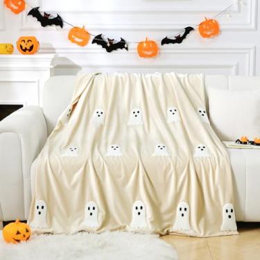 Imagem de Cobertor fantasma de Halloween 127 x 152 cm, cobertores decorativos de veludo ultramacio para todas as estações com fantasma bordado 3D, zíper oculto para inserção de edredom, cobertor aconchegante