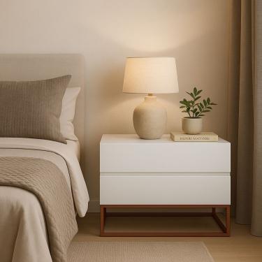 Imagem de Mesa De Cabeceira Retrô Alto Padrão Com 2 Gavetas Base Cobre Branco