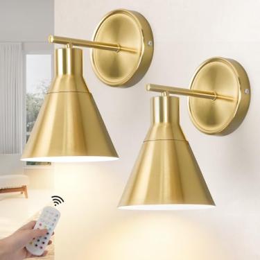 Imagem de Bailoch Conjunto de 2 arandelas de parede recarregáveis douradas, com controle remoto, sem fio, regulável, alimentado por bateria, luminária de parede sem fio para quarto, sala de estar, lâmpada