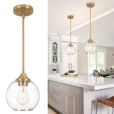 Imagem de Loiogohot Luzes pendentes ilha de cozinha, luminária pendente dourada para casa de fazenda com sombra de globo de vidro transparente, luminária pendente de vidro de 17,78 cm para acabamento em bronze