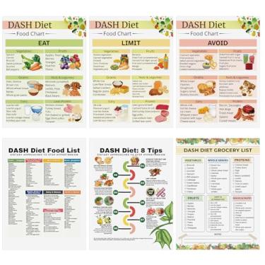 Imagem de Honoson Pôster de 6 peças Dash Diet Food List Dash Grocery Food Chart Hypertension Diet High Blood Pressure List Wall Art Kidney Healthy Meal Plan for Wall Room Kitchen Fridge Elder Dieters Diabetic