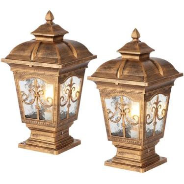 Imagem de PTOUG Pacote com 2 postes de luz para ambientes externos, luminária de poste de bronze, luzes de rua antigas para pátio, jardim, cerca de gramado, caminho, entrada de garagem, porta da frente/traseira