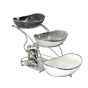 Imagem de Bandeja de frutas de três camadas de lingote de cerâmica para uso doméstico simples bandeja de três camadas + base + garfo 6.