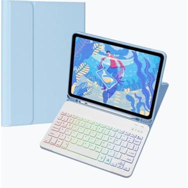 Imagem de NUWONAYA Capa de teclado para Amazon Fire HD 10/10 Plus 25.7 cm 2021/2023 (11/13ª geração), capa de teclado magnético destacável com 7 cores arco-íris com suporte para lápis (azul celeste + branco)