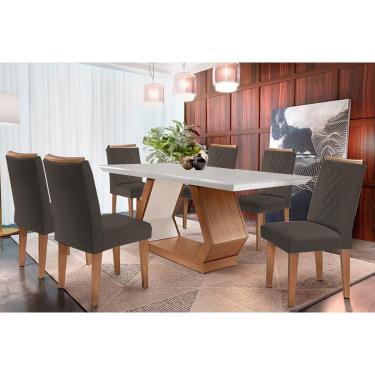 Imagem de Sala de Jantar Completa Alvorada c/ Tampo Madeirado Canto Reto 180x90cm e 6 Cadeiras Jade Imbuia/Off White - Suede Grafite - Rufato