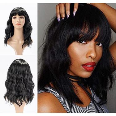 Imagem de KAIYANG SHUNKANG Perucas sintéticas onduladas na altura do ombro para mulheres, peruca sintética ondulada, fibra resistente ao calor, preto natural, 35,5 cm