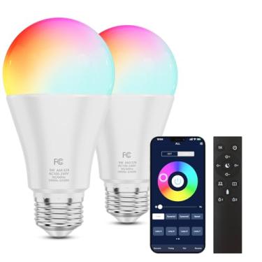 Imagem de MXhme Lâmpada A19 que muda de cor com controle remoto e controle de aplicativo, 800LM 9W (equivalente a 60W) regulável 3000K-6500K RGBWW, base E26 2,4 GHz, lâmpada para decoração de casa, 2 lâmpadas e
