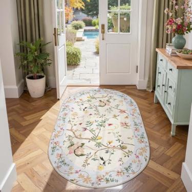 Imagem de jinchan Tapete oval floral 7,5 x 12,5 cm, lavável, macio, tapete botânico, antiderrapante, capa de chão, vintage, retrô, leve para cozinha, banheiro, casa, escritório, sala de estar, bege/azul