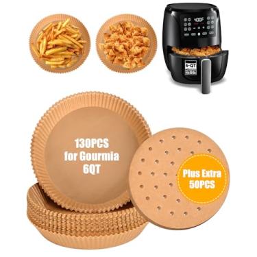 Imagem de 180 peças de forros de papel para fritadeira a ar compatíveis com Gourmia Air Fryer 6 QT digital GAF686, MMH antiaderente de grau alimentício 130 peças de papel pergaminho descartável com 50 peças