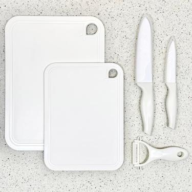 Imagem de Conjunto de cozinha multiuso de 5 peças, facas de cerâmica afiadas, descascador de cerâmica, tábuas de corte, tábuas de cortar brancas, superfície antiderrapante, bainha protetora de armazenamento