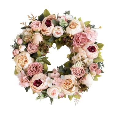 Imagem de Generic Guirlanda de primavera para porta da frente, 16 pol. Folhas verdes, flores artificiais de peônia, guirlanda para, escritório, parede, hotel, Champanhe