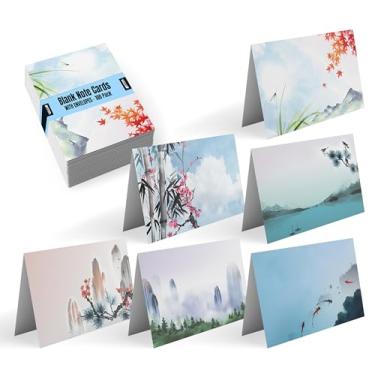 Imagem de Pacote com 100 cartões comemorativos para todas as ocasiões, cartões sortidos em branco, 10,16 x 15,24 cm, 6 designs de aquarela japonês, branco no interior, da Better Office Products, com envelopes, pacote com 100