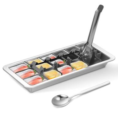 Imagem de Bandeja de gelo de aço inoxidável com 18 compartimentos para congelador, molde de estrutura de gelo com braçadeira, alça de liberação fácil, fácil de limpar (colher)