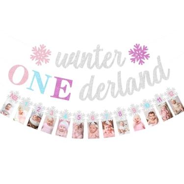Imagem de JOYMEMO Winter Onederland Decorações para meninas de primeiro aniversário rosa roxo azul - faixa de foto de primeiro aniversário de floco de neve para bebês recém-nascidos até 12 meses, faixa de