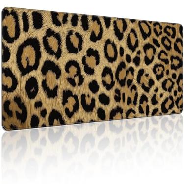 Imagem de 90 x 40 cm, mouse pad grande KOBWOPI XXL para mesa, mouse pad estendido para computador, escritório, mouse pad grande com bordas costuradas, estampa clássica de leopardo