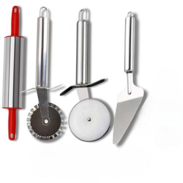 Imagem de Kit Carretilha Cortador de Pizza Cortador de Pastel Espátula de Bolo e Rolo de Massa Aço Inox(4 UND (COMPLETO))