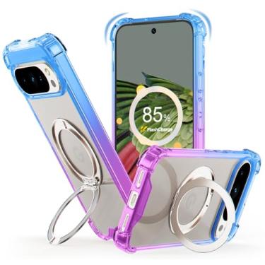 Imagem de ANSIWEE Capa para Google Pixel 9 Pro XL/10 Pro XL com suporte de anel magnético | Capa transparente à prova de choque de grau militar, compatível com MagSafe - gradiente azul roxo