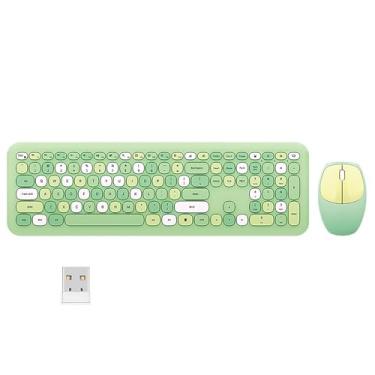 Imagem de Combo de teclado e mouse sem fio de tamanho completo, teclado de membrana silencioso fino e leve, lindas cores doces, sem fio USB de 2,4 G, compatível com notebook, PC (verde)