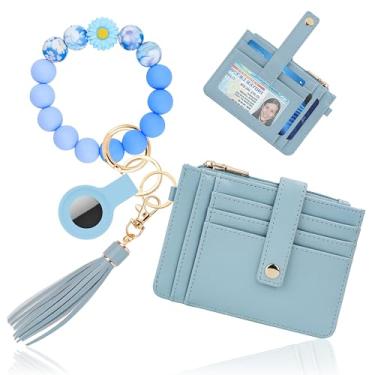 Imagem de Sunpour Chaveiro de pulso com carteira, porta-cartão RFID com AirTag, pulseira de contas de silicone impressa e bolsa de moedas, Azul, 0.3*4.97*3.6, Tendência