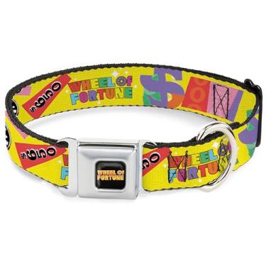 Imagem de Coleira para animais de estimação Sony Pictures, fivela de cinto de segurança de metal, teste de roda da fortuna e colagem de cunha amarela multicolorida, 33 a 43 cm de largura