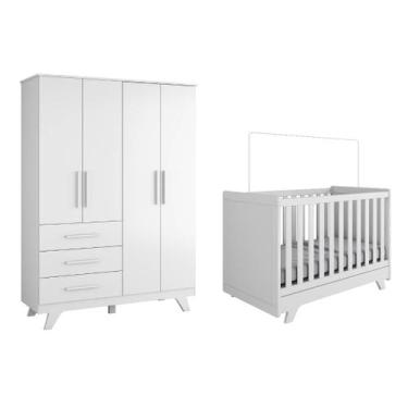 Imagem de Quarto Bebe Berço e Guarda Roupas Moveis Peroba Retro Ls, Branco