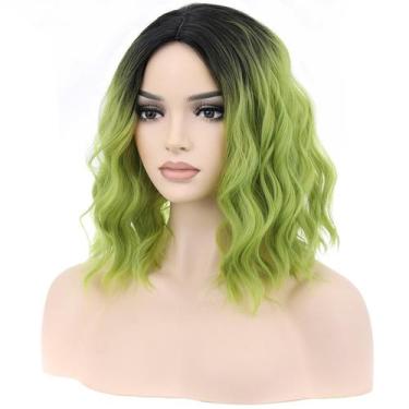 Imagem de Peruca BERON Ombre Green Short Curly Wavy 33cm para mulheres e meninas