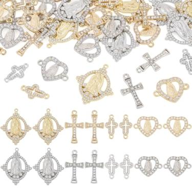 Imagem de Beadthoven 40 peças cruz e centro de strass de cristal amuletos medalha milagrosa ouro platina rosário cruz virgem maria crucifixo católico liga conector elos para fazer joias artesanato DIY