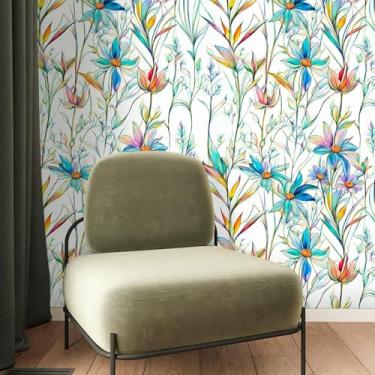 Imagem de ESSMOKO Papel de parede arco-íris série floral PVC impermeável papel de parede autoadesivo para quarto, sala de estar, hotel adesivo de fundo D 45 * 300 cm