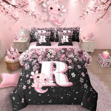 Imagem de Erosebridal Conjunto de edredom tamanho casal rosa preto alfabeto R com lindo design de axolote - conjunto de cama de 7 peças de flor de cerejeira japonesa, cama de axolote fofo em uma bolsa, letra
