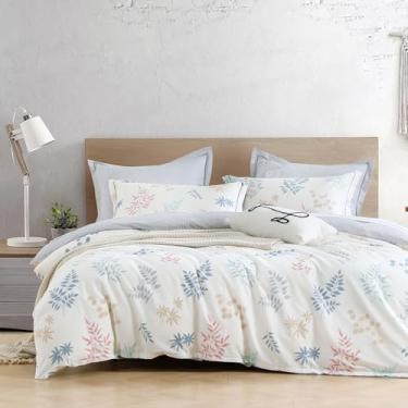 Imagem de LEMIROE Edredom de algodão branco, tamanho solteiro, 2 peças – azul, bege e blush botânico nas costas, cinza quadriculado, conjunto de cama leve reversível com enchimento macio (1 edredom, 1 fronha)