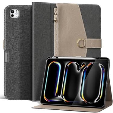 Imagem de XFYKJIN Capa de couro de microfibra premium para iPad Pro de 13 polegadas (M4) 2024 | Cinza escuro e cinza em dois tons com bolso com zíper, fecho de fivela, suporte para lápis, despertar/hibernar