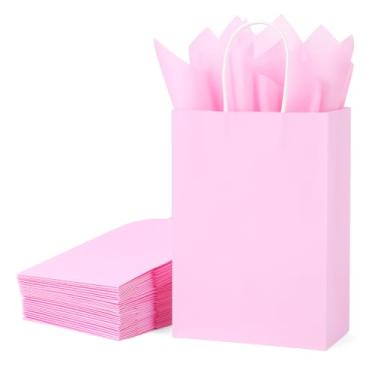 Imagem de SUNCOLOR Pacote com 24 sacos de presente rosa com alças – Sacos de presente de 20 cm com 24 papéis de seda rosa para lembrancinhas de festa, chás de bebê, aniversários, chás de panela e ocasiões