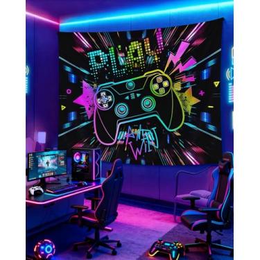 Imagem de CarOptics Tapeçaria para jogos 127 x 152 cm – Controle de jogo Cyberpunk neon para pendurar na parede – Decoração legal de quarto de jogador para quarto, dormitório ou caverna masculina MM-N-GXYXGT