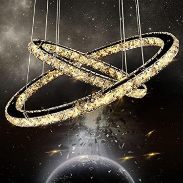 Imagem de Luminária pendente LED moderna de cristal para sala de jantar, luminária pendente com design oval em anel de 3 cores, 30 + 50 cm, sala de estar, escritório, lustre, luz de teto, holofote, al