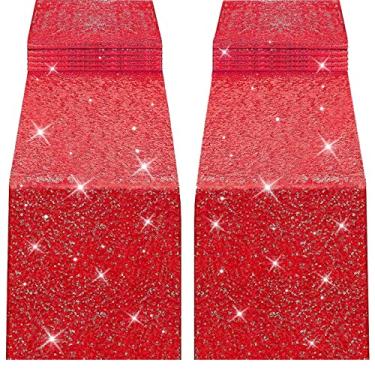 Imagem de yuboo Caminhos de mesa de lantejoulas vermelhas, pacote com 2 toalhas de mesa glamourosas de 30 x 272 cm, roupas de mesa de tecido com glitter para festa de aniversário, casamento, chá de bebê de noiva, Natal.