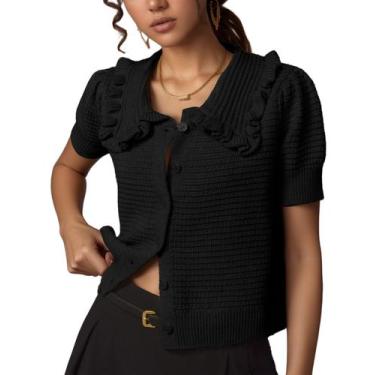 Imagem de Cardigan Watashi feminino de manga curta com babados, preto