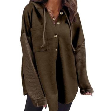 Imagem de Moletom feminino SHEWIN, com capuz, botão, tamanho grande, marrom escu