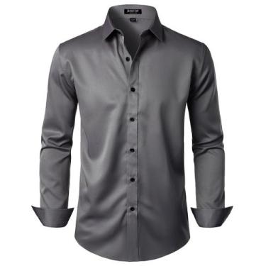 Imagem de Camisa social JEMITOP Wrinkle Free Stretch Satin Seda Cinza Escuro