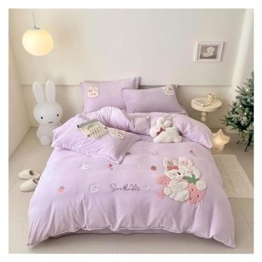 Imagem de Jogo de cama de lã de veludo bordado coelho morango desenho animado capa de edredom fronhas (roxo casal)